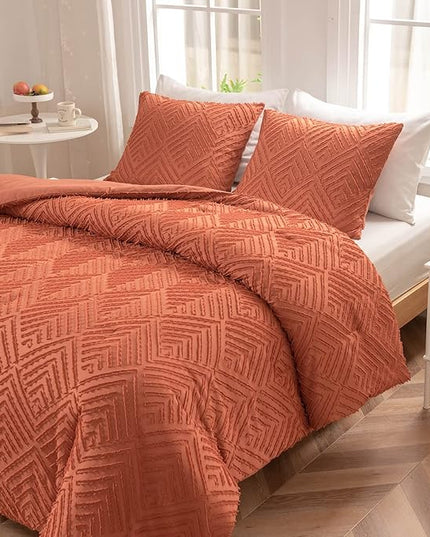 Full Comforter Set, Tufted Terracotta Comforter Set Full, Boho Bedding Comforter Sets Extra Fluffy, Ideal for All Seasons 3 Pieces (1 Comforter, 2 Pillowcases) - LeafyLoom