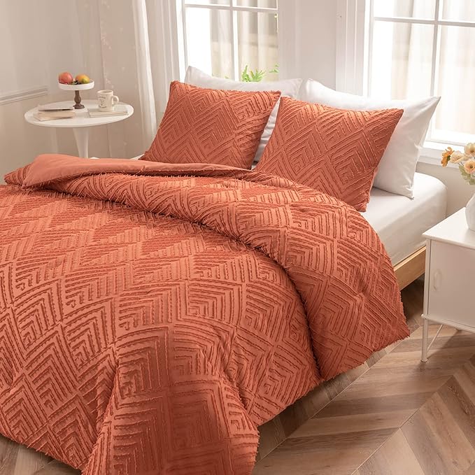 Full Comforter Set, Tufted Terracotta Comforter Set Full, Boho Bedding Comforter Sets Extra Fluffy, Ideal for All Seasons 3 Pieces (1 Comforter, 2 Pillowcases) - LeafyLoom