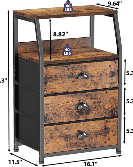 Furnulem Nightstand with 3 Drawers and 2-Tier Shelf, Fabric Small Dresser Organizer Vertical Storage Tower for Bedroom, Closet, Hallway, Nursery, End Table Side Furniture, Sturdy Steel Frame, Wood Top - LeafyLoom