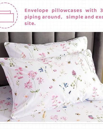 QSH Floral Bed Sheets Set King Size - Shabby Flower Bee Print Bed Sheet Set - Extra Soft and Breathable 100% Egyptian Cotton - 4 pcs King Size Sheets with Deep Pockets Flower Bed Sheets - LeafyLoom