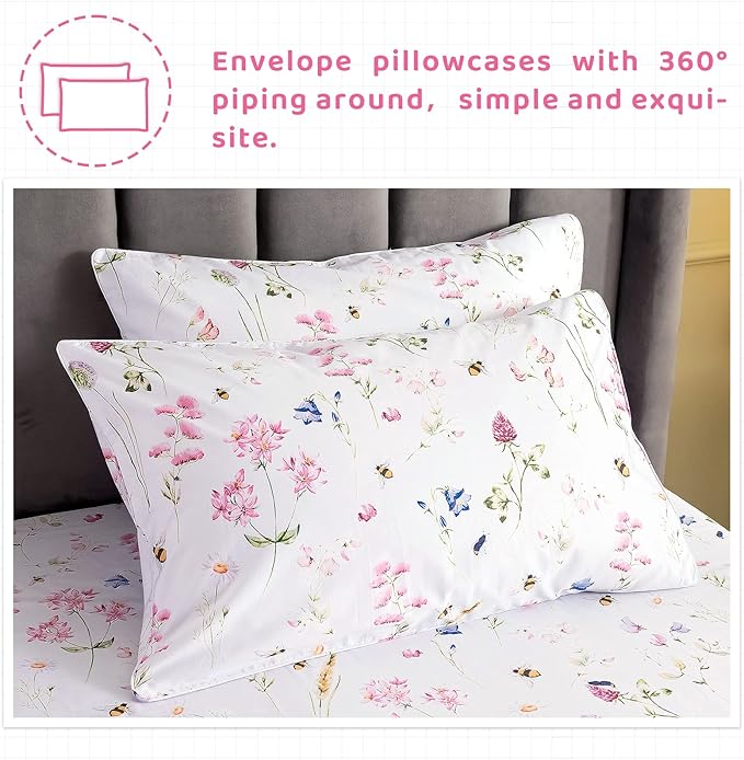 QSH Floral Bed Sheets Set King Size - Shabby Flower Bee Print Bed Sheet Set - Extra Soft and Breathable 100% Egyptian Cotton - 4 pcs King Size Sheets with Deep Pockets Flower Bed Sheets - LeafyLoom