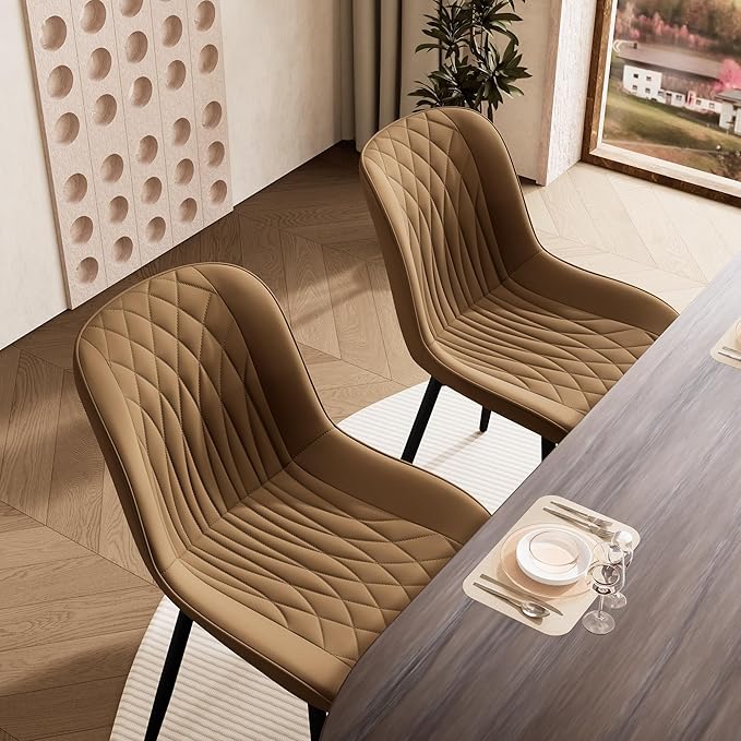 YOUNIKE Tan Dining Chairs set of 2 with High Backs Mid Century Modern Kitchen & Dining Room Chairs PU Faux Leather Upholstered sillas de comedor Comfortable Large Padded Accent Chairs with Metal Legs - LeafyLoom