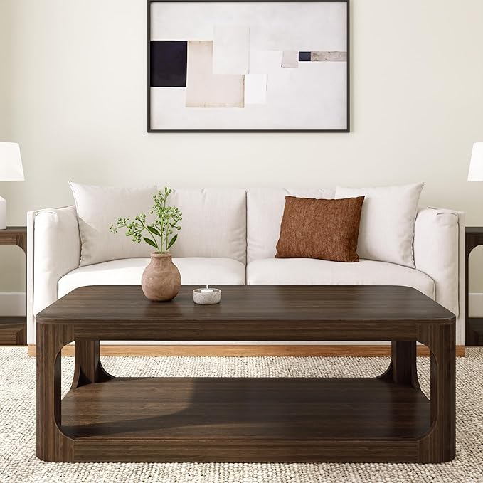 Plank+Beam Forma Coffee Table, Solid Wood 54 Inch Modern Coffee Table with Shelf, Contemporary Center Table with Storage Space, Rectangle Tea Table with Storage, Walnut - LeafyLoom
