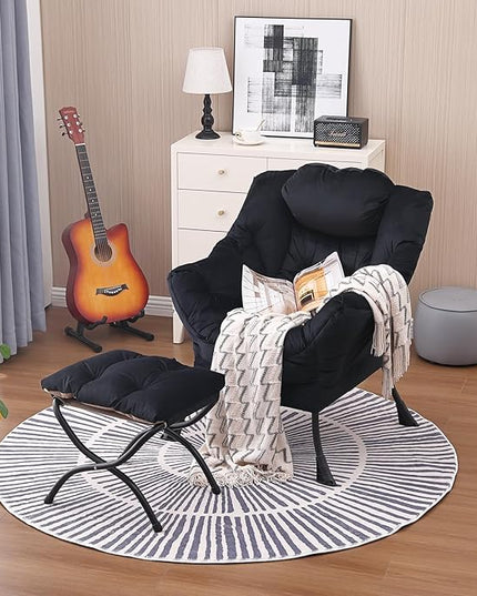 Lazy Chair and Ottoman, Large Accent Lounge Chair with Armrests and a Side Pocket, Modern Leisure Upholstered Sofa Reading Armchair with Footrest for Bedroom, Living Room, Dorm Rooms, Office - LeafyLoom
