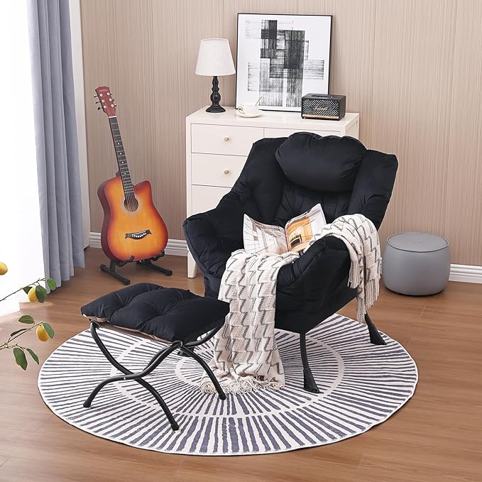 Lazy Chair and Ottoman, Large Accent Lounge Chair with Armrests and a Side Pocket, Modern Leisure Upholstered Sofa Reading Armchair with Footrest for Bedroom, Living Room, Dorm Rooms, Office - LeafyLoom