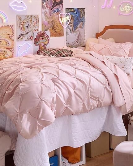 Bedsure Twin XL Comforter Set for Girls - Extra Long 5 Pieces Dorm Bedding Sets, Pinch Pleat Pink Bed in a Bag with Comforter, Sheets, Pillowcase & Sham - LeafyLoom