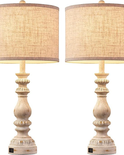 Farmhouse Bedside Table Lamps Set of 2, Bedroom Lamps for Nightstand with USB A+C Ports, 28” Rustic Vintage Living Room Lamps with Rotary Switch - Bulb Not Included - LeafyLoom