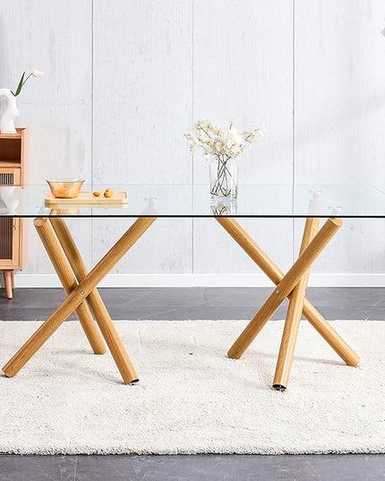 Modern Glass Table with Rectangular Tempered Tabletop,Dinner Desk Set for 6-8 people W, Home,Kitchen,Dining Room,Office,Wood+Clear Finish, 71" Chrome Metal Legs - LeafyLoom