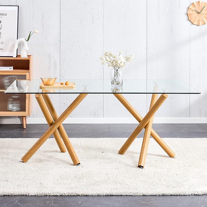 Modern Glass Table with Rectangular Tempered Tabletop,Dinner Desk Set for 6-8 people W, Home,Kitchen,Dining Room,Office,Wood+Clear Finish, 71" Chrome Metal Legs - LeafyLoom