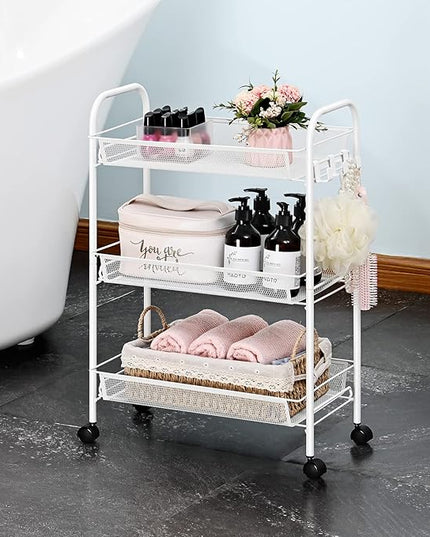 TOOLF 3-Tier Metal Rolling Cart, Mesh Wire Easy Assemble Utility Cart, Storage Trolley on Wheels with 3 Hooks, MetalStorage Shelving Units for Kitchen Bathroom Laundry Room - LeafyLoom