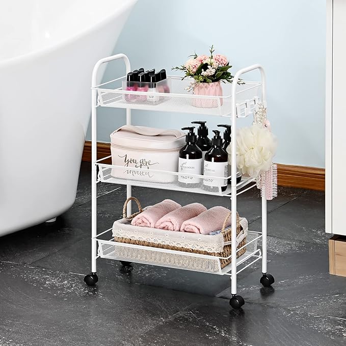 TOOLF 3-Tier Metal Rolling Cart, Mesh Wire Easy Assemble Utility Cart, Storage Trolley on Wheels with 3 Hooks, MetalStorage Shelving Units for Kitchen Bathroom Laundry Room - LeafyLoom