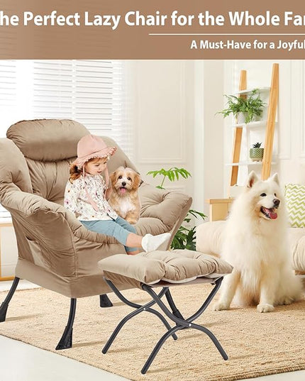 Lazy Chair with Folding Ottoman, Accent Chair Velvet Upholstered with Metal Structure and Non-Slip Pads, Sofa Armchair with Footrest and Side Storage Bag for Dorm, Room, Office, Khaki - LeafyLoom