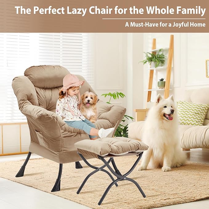 Lazy Chair with Folding Ottoman, Accent Chair Velvet Upholstered with Metal Structure and Non-Slip Pads, Sofa Armchair with Footrest and Side Storage Bag for Dorm, Room, Office, Khaki - LeafyLoom