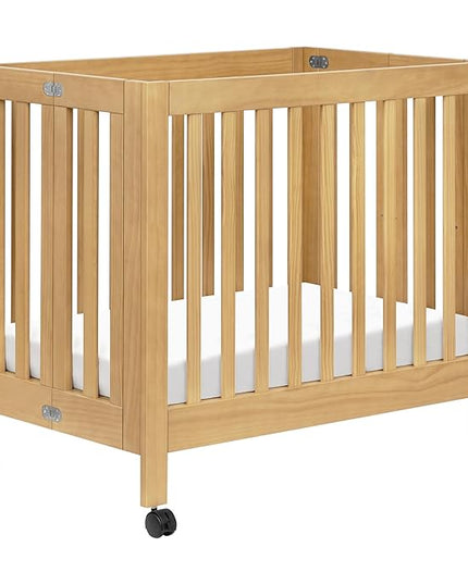 Babyletto Origami Mini Portable Crib Folding with Wheels in Honey, 2 Adjustable Mattress Positions, Greenguard Gold Certified - LeafyLoom