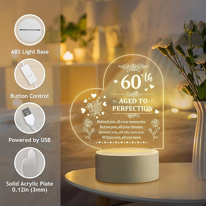 60th Birthday Gifts for Women, 60th Birthday Decorations for Woman -Night Light, 60 Year Old Gifts for Women, Gifts for Women Turning 60, 60th Birthday Gift Ideas - LeafyLoom
