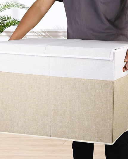 Large Toy Storage Box with Lid, Sturdy Toys Storage Chest Bin Organizer Basket with Dividers for Kids, Boys, Girls, Nursery, Closet, Bedroom, Playroom 26"x17" x17" (Beige and White) - LeafyLoom