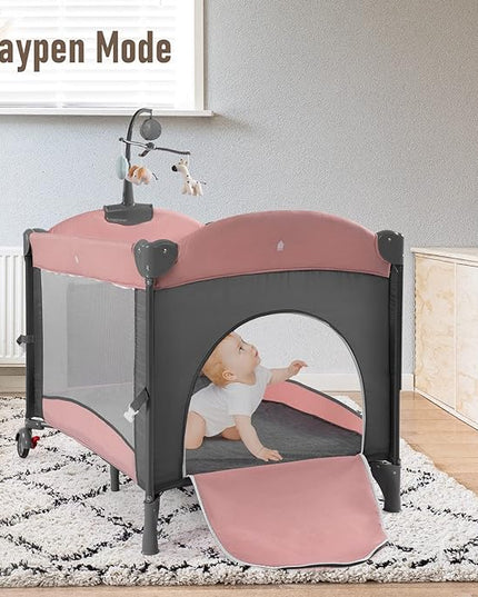 5 in 1 Baby Crib, Bedside Cribs, Pack and Play with Bassinet and Changing Table, Portable Travel Baby Playpen with Toys & Music Box,Mattress for Girl Boy Infant Newborn (Pink) - LeafyLoom