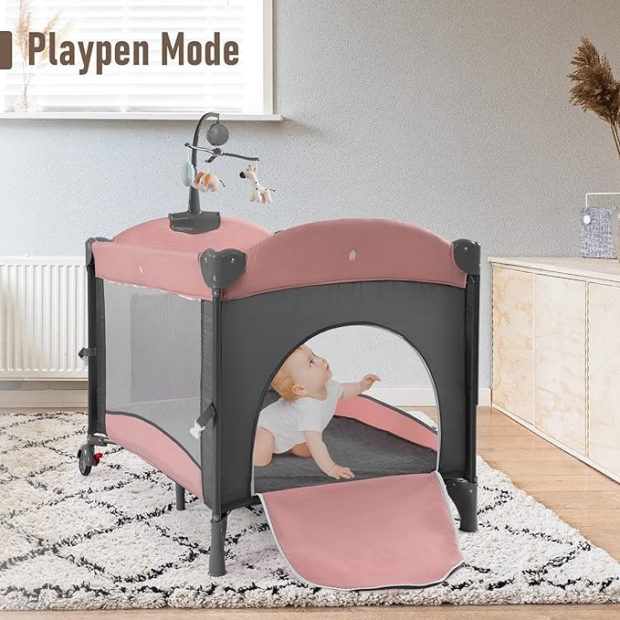 5 in 1 Baby Crib, Bedside Cribs, Pack and Play with Bassinet and Changing Table, Portable Travel Baby Playpen with Toys & Music Box,Mattress for Girl Boy Infant Newborn (Pink) - LeafyLoom