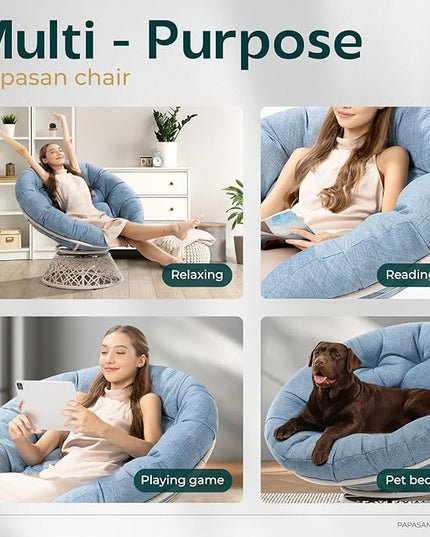 Bme 40" Ergonomic Wicker Papasan Chair with Soft Thick Density Fabric Cushion, High Capacity Steel Frame, 360 Degree Swivel for Living, Bedroom, Reading Room, Lounge, Serene Oasis - White Base - LeafyLoom