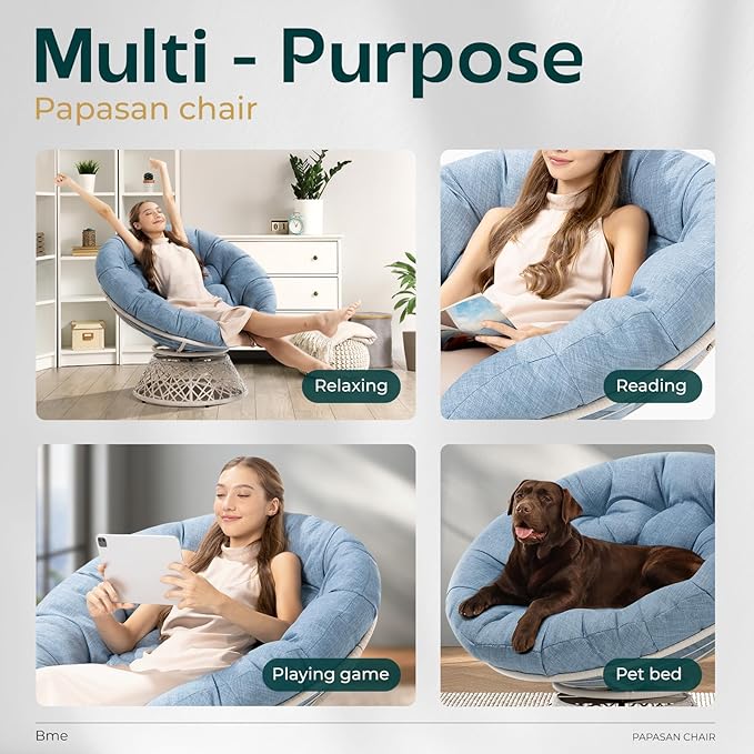 Bme 40" Ergonomic Wicker Papasan Chair with Soft Thick Density Fabric Cushion, High Capacity Steel Frame, 360 Degree Swivel for Living, Bedroom, Reading Room, Lounge, Serene Oasis - White Base - LeafyLoom