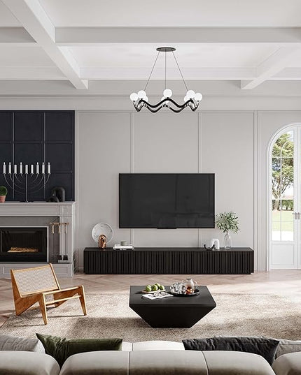 POVISON Modern Solid Wood TV Stand, Black Entertainment Center for 65 inch TV, Full Assembled Media Console with Storage, Farmhouse Low TV Cabinets for Living Room Bedroom, Oak Veneer - LeafyLoom
