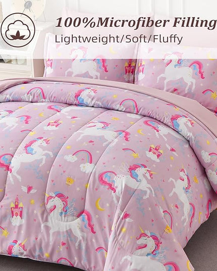 Queen Comforter Set for Girls, 7 Pieces Bed in a Bag with Shams, Sheet Set, Pink Unicorn Double Soft Microfiber Kids Comforter Bedding Set - LeafyLoom
