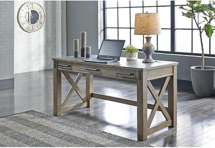 Signature Design by Ashley Aldwin Rustic Farmhouse 60" Home Office Lift Top Desk with Charging Ports, Distressed Gray - LeafyLoom