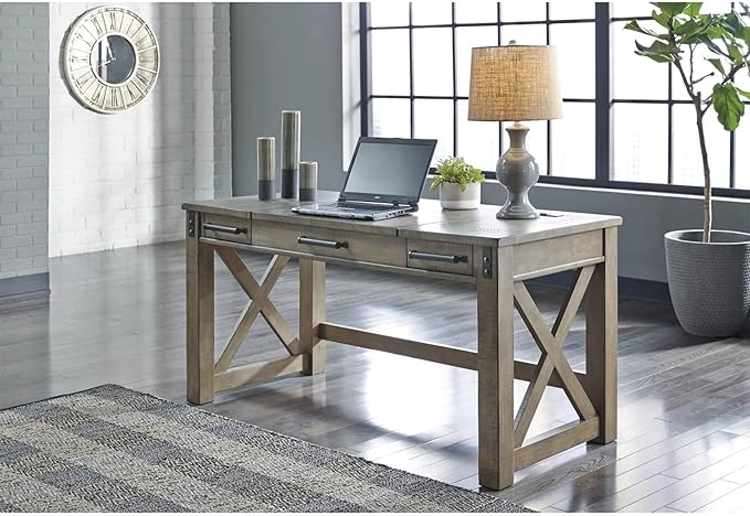 Signature Design by Ashley Aldwin Rustic Farmhouse 60" Home Office Lift Top Desk with Charging Ports, Distressed Gray - LeafyLoom