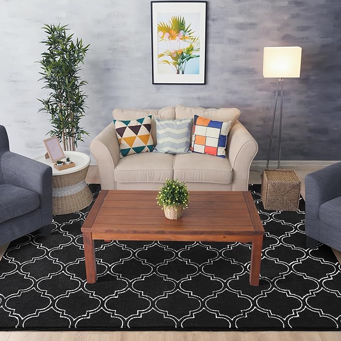 Chicrug Shag Geometric 7x10 Area Rug for Living Room, Large Modern Memory Foam Indoor Carpet, Fluffy Rug for Bedroom Bedside Room Decor for Family Girls Kids Nursery, Black/White - LeafyLoom