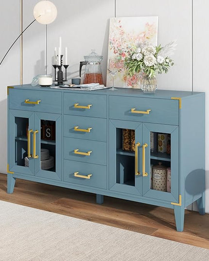 60" Retro Sideboard with 6-Drawer and 2-Cabinet,Multifunctional Buffet,w/Gold Handles & Solid Wood Legs,Extra Large Storage Space,for Kitchen and Living Room,Antique Blue - LeafyLoom