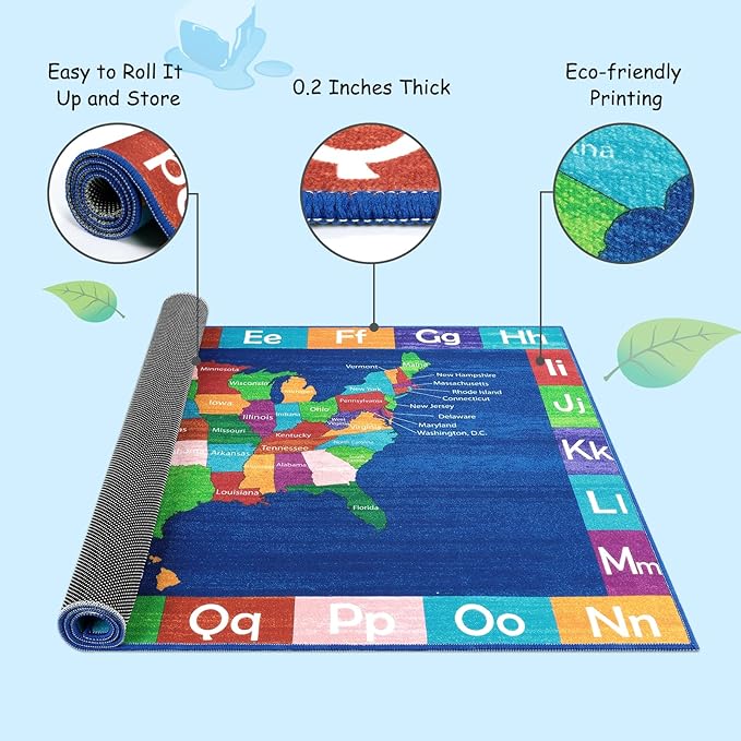 LIVEBOX USA Map ABC Baby Play Mat for Kids Room, 3x5 Ft Alphabet Washable Classroom Rug, Kids Playroom Rug for Educational, Non-Slip Baby Crawling Mat for Nursery Room, Toddlers Room - LeafyLoom