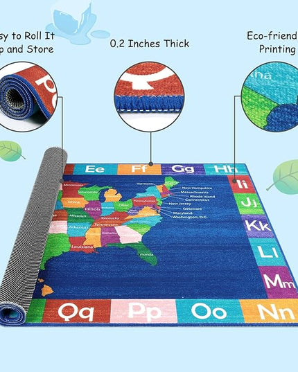 LIVEBOX Educational USA Map Kids Nursery Rug, 4x6 Ft Baby Playmats for Infant and Toddlers, Non-Slip Alphabet Kids Rug Mat for Playroom, Classroom, ABC Kids Room Rug for Bedroom - LeafyLoom