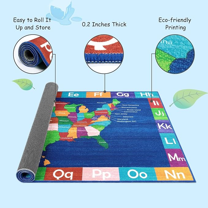 LIVEBOX Educational USA Map Kids Nursery Rug, 4x6 Ft Baby Playmats for Infant and Toddlers, Non-Slip Alphabet Kids Rug Mat for Playroom, Classroom, ABC Kids Room Rug for Bedroom - LeafyLoom
