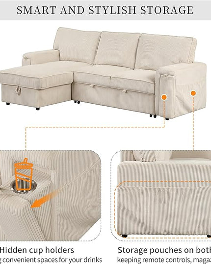 Corduroy Upholstered Convertible Sleeper Sectional Couch Pull Out Sofa Bed ,4 Seater L Shaped Corner Sofa&Couch Sofabed with Reversible Storage Chaise Lounge and Cupholders for Living Room Office - LeafyLoom