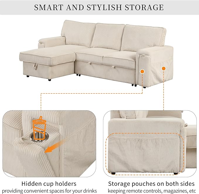 Corduroy Upholstered Convertible Sleeper Sectional Couch Pull Out Sofa Bed ,4 Seater L Shaped Corner Sofa&Couch Sofabed with Reversible Storage Chaise Lounge and Cupholders for Living Room Office - LeafyLoom
