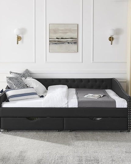 Queen Size Daybed with Two Storage Drawers, Linen Upholstered Tufted Sofa Bed w/Button on Back and Copper Nail on Waved Shape Arms, for Bedroom Living Room, No Box Spring Needed, Black - LeafyLoom