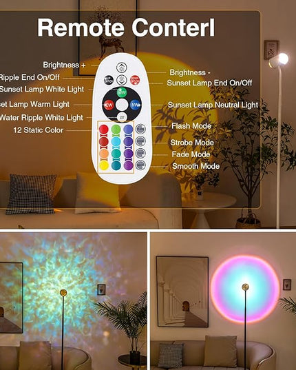 Sunset Lamp Projector with 3D Ocean Wave, 12 Colors Changing & Four Mode with USB Port, RGB Floor Lamp Double Side Lighting with Remote,Creative DIY Mode, 360° Rotation Atmosphere Lamp White - LeafyLoom