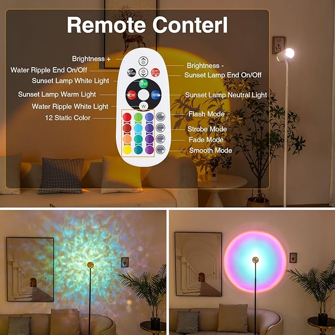 Sunset Lamp Projector with 3D Ocean Wave, 12 Colors Changing & Four Mode with USB Port, RGB Floor Lamp Double Side Lighting with Remote,Creative DIY Mode, 360° Rotation Atmosphere Lamp White - LeafyLoom