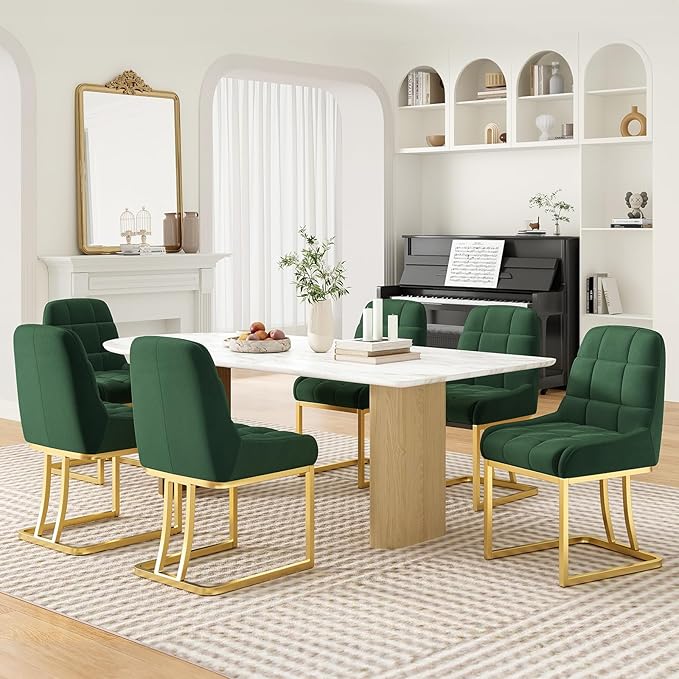 STARY Upholstered Velvet Armless Dining Room Chairs with Gold Metal Legs for Kitchen Restaurant, Green- Set of 4 - LeafyLoom