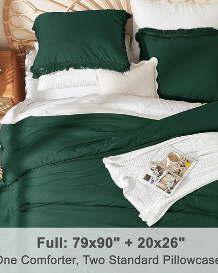 Litanika Full Size Comforter Set Emerald Green, 3 Pieces Forest Green Boho Tassel Bed Comforter Full, All Season Oversized Bedding Comforter Sets (1 Comforter 79x90 inch, 2 Pillowcases) - LeafyLoom