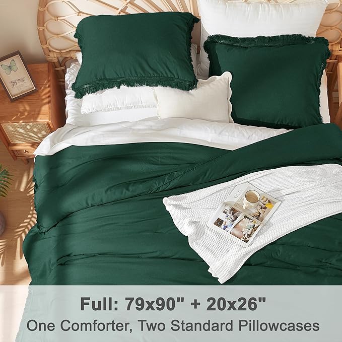 Litanika Full Size Comforter Set Emerald Green, 3 Pieces Forest Green Boho Tassel Bed Comforter Full, All Season Oversized Bedding Comforter Sets (1 Comforter 79x90 inch, 2 Pillowcases) - LeafyLoom