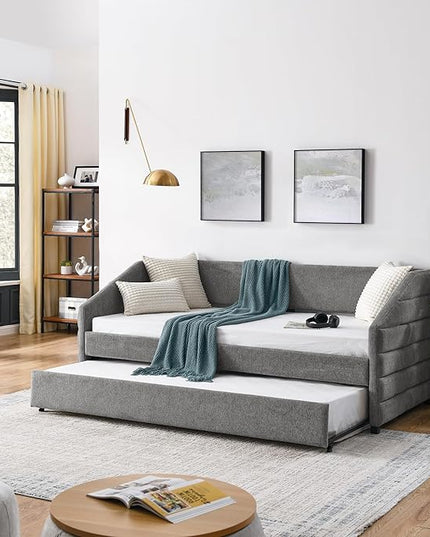 Linen Upholstered Twin Size Daybed with Twin Size Trundle, Solid Wood Tufted Sofa Bed Frame for Bedroom, Guest Room, Dorm, No Box Spring Needed, Space-Saving Design, Grey - LeafyLoom