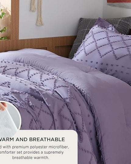 Bedsure Twin/Twin XL Comforter Set - Grayish Purple Boho Twin Extra Long Comforter Set for College, Shabby Chic Dorm Bedding Set, 2 Pieces Modern Farmhouse Bed Set, includes 1 Pillow Sham - LeafyLoom