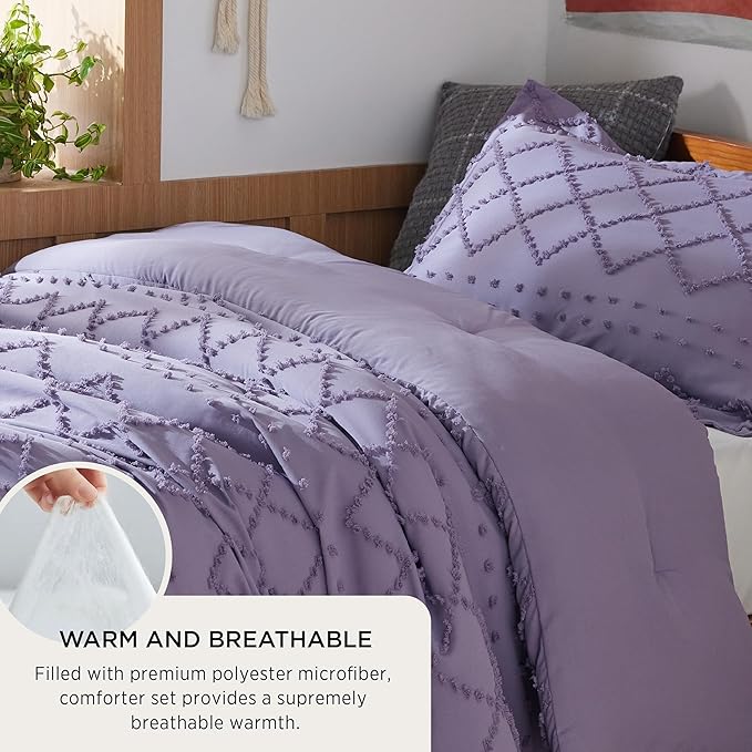 Bedsure Twin/Twin XL Comforter Set - Grayish Purple Boho Twin Extra Long Comforter Set for College, Shabby Chic Dorm Bedding Set, 2 Pieces Modern Farmhouse Bed Set, includes 1 Pillow Sham - LeafyLoom