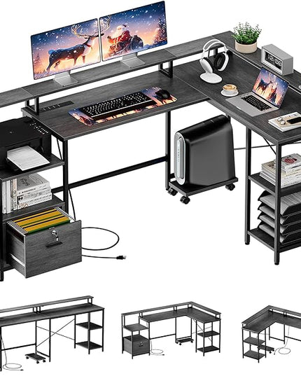IDEALHOUSE L Shaped Desk - 76" Reversible L Shaped Computer Desk with File Drawer, Office Desk with Power Outlet, L Shaped Gaming Desk with Monitor Shelf, Corner Desk for Home Office, Grey Oak - LeafyLoom