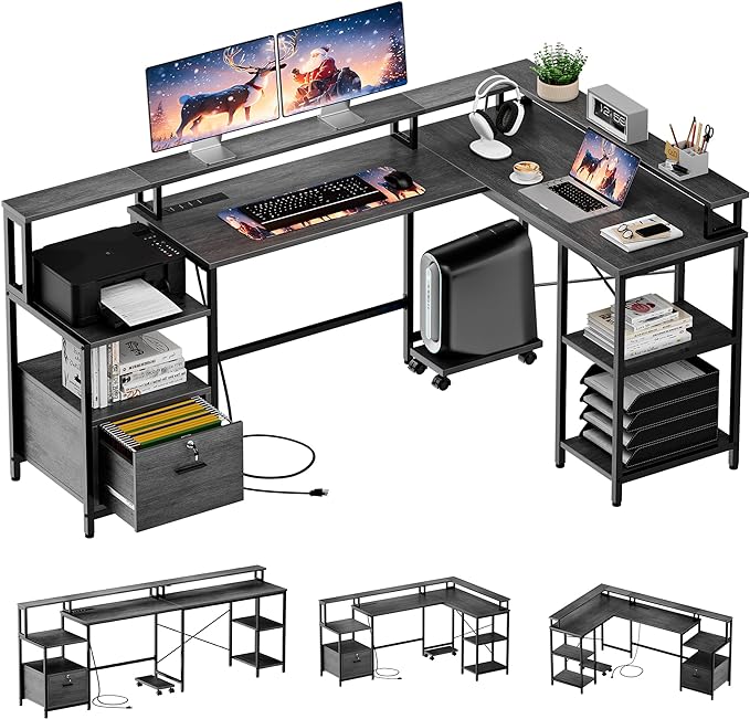 IDEALHOUSE L Shaped Desk - 76" Reversible L Shaped Computer Desk with File Drawer, Office Desk with Power Outlet, L Shaped Gaming Desk with Monitor Shelf, Corner Desk for Home Office, Grey Oak - LeafyLoom