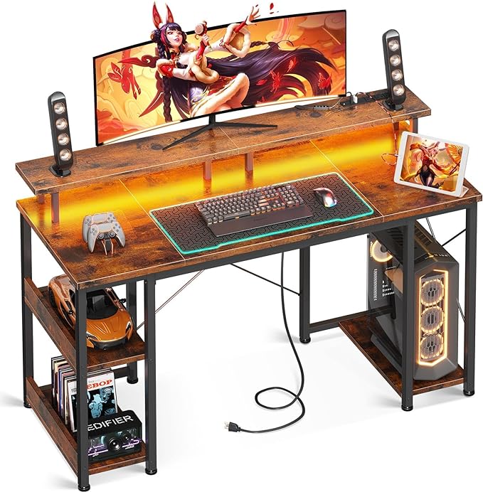 ODK 48 inch Gaming Desk with LED Lights & Power Outlets, Computer Desk with Monitor Stand & Storage Sheves, CPU Stand, Home Office Desk, Vintage - LeafyLoom