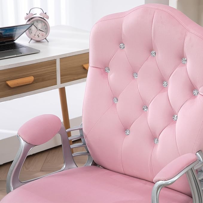 Vinsetto Home Office Chair, Velvet Computer Chair, Button Tufted Desk Chair with Swivel Wheels, Adjustable Height, and Tilt Function, Pink - LeafyLoom