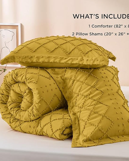 Bedsure Full Size Comforter Set - Mustard Yellow Comforter, Boho Tufted Shabby Chic Bedding Comforter Set, 3 Pieces Farmhouse Bed Set for All Seasons, Fluffy Soft Bedding Set with 2 Pillow Shams - LeafyLoom