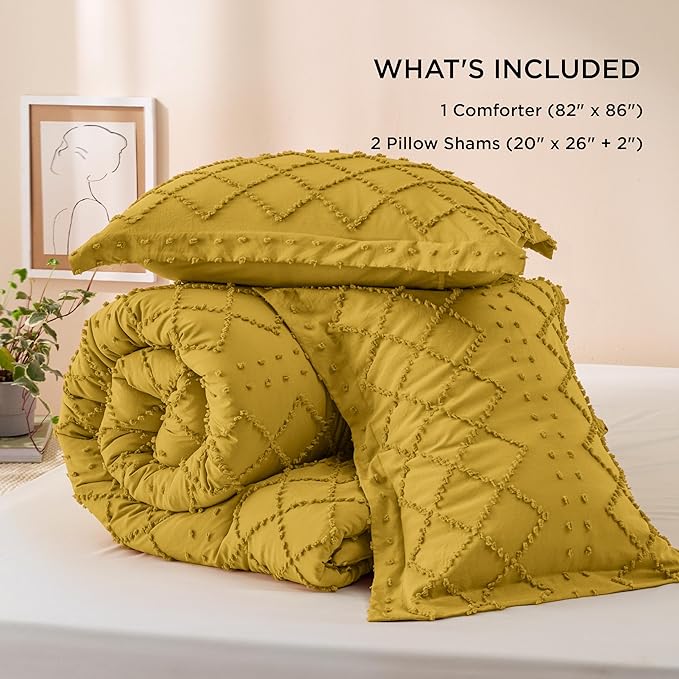Bedsure Full Size Comforter Set - Mustard Yellow Comforter, Boho Tufted Shabby Chic Bedding Comforter Set, 3 Pieces Farmhouse Bed Set for All Seasons, Fluffy Soft Bedding Set with 2 Pillow Shams - LeafyLoom